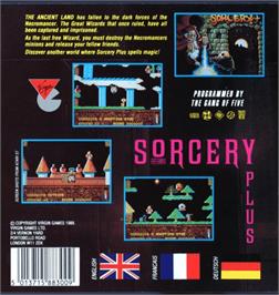 Box back cover for Sorcery Plus on the Commodore Amiga.