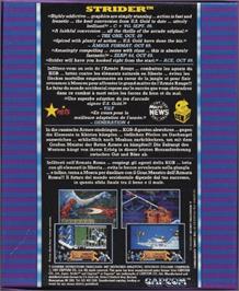 Box back cover for Strider on the Commodore Amiga.