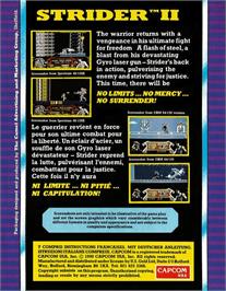 Box back cover for Strider 2 on the Commodore Amiga.