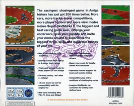 Box back cover for Super Skidmarks on the Commodore Amiga.