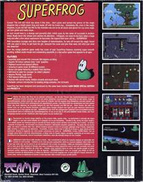 Box back cover for Superfrog on the Commodore Amiga.