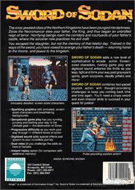 Box back cover for Sword of Sodan on the Commodore Amiga.