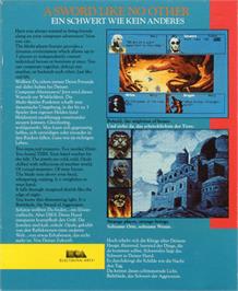 Box back cover for Swords of Twilight on the Commodore Amiga.