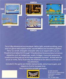 Box back cover for Terry's Big Adventure on the Commodore Amiga.