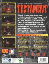 Box back cover for Testament on the Commodore Amiga.