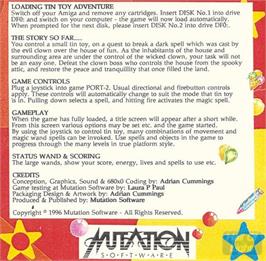 Box back cover for Tin Toy Adventure on the Commodore Amiga.