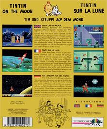 Box back cover for Tintin on the Moon on the Commodore Amiga.