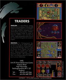 Box back cover for Traders on the Commodore Amiga.