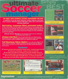 Box back cover for Ultimate Soccer Manager on the Commodore Amiga.