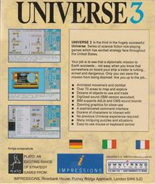 Box back cover for Universe 3 on the Commodore Amiga.