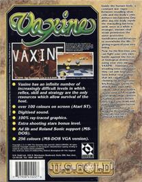 Box back cover for Vaxine on the Commodore Amiga.