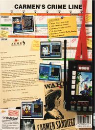 Box back cover for Where in Time is Carmen Sandiego on the Commodore Amiga.