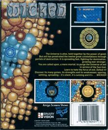 Box back cover for Wicked on the Commodore Amiga.