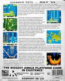 Box back cover for Woody's World on the Commodore Amiga.