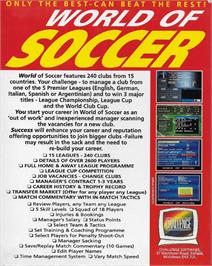 Box back cover for World Of Soccer on the Commodore Amiga.