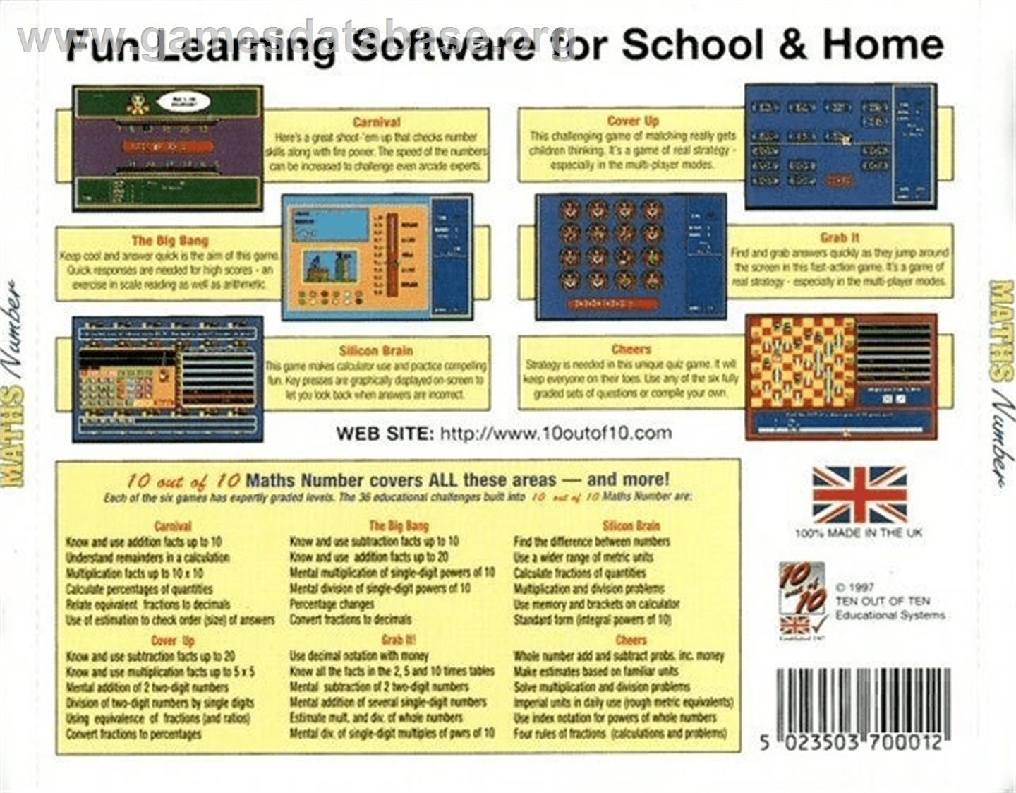 10 out of 10 - Maths Number - Commodore Amiga - Artwork - Box Back