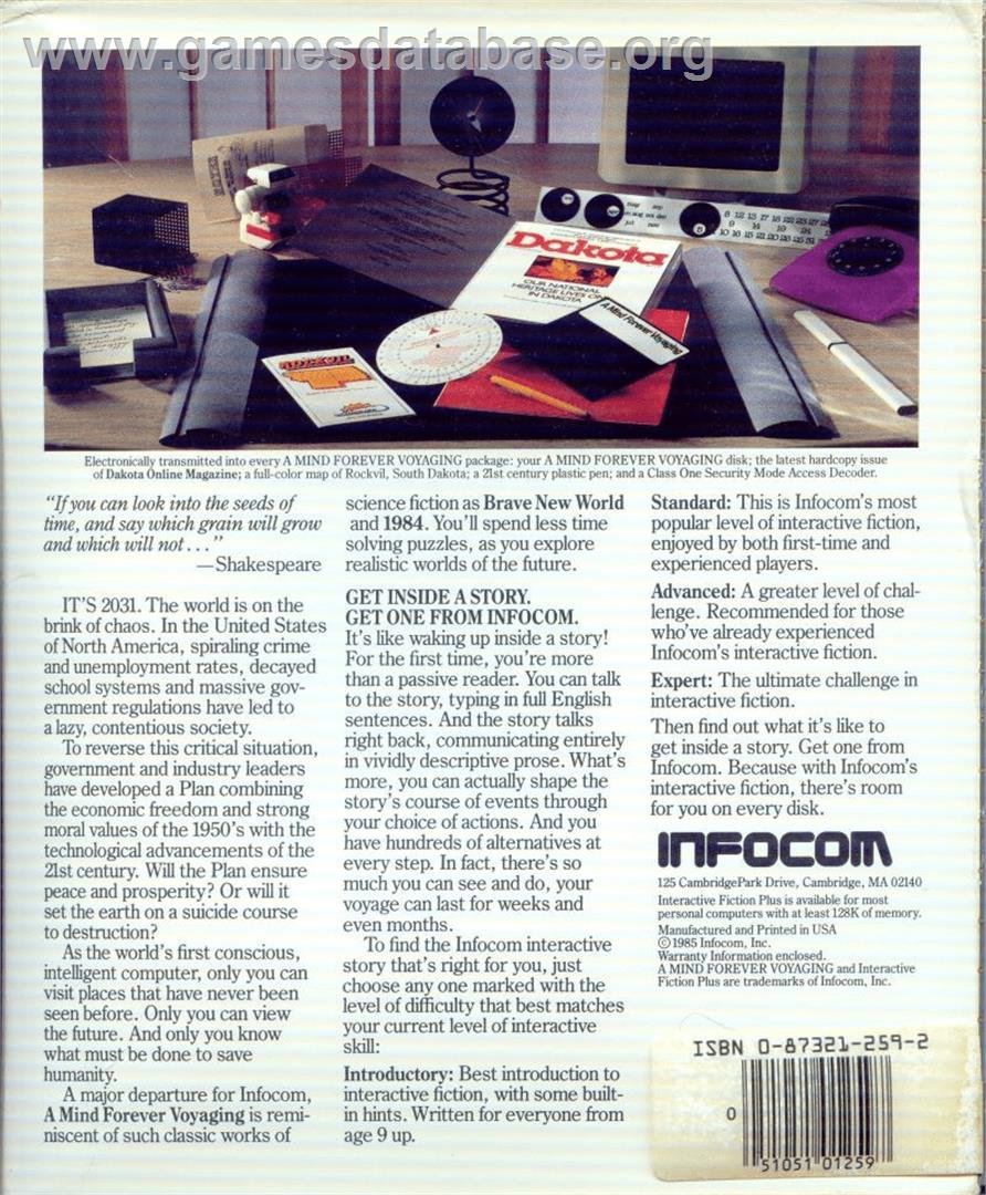 A Mind Forever Voyaging - Commodore Amiga - Artwork - Box Back