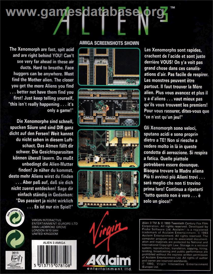 Alien 3 - Commodore Amiga - Artwork - Box Back