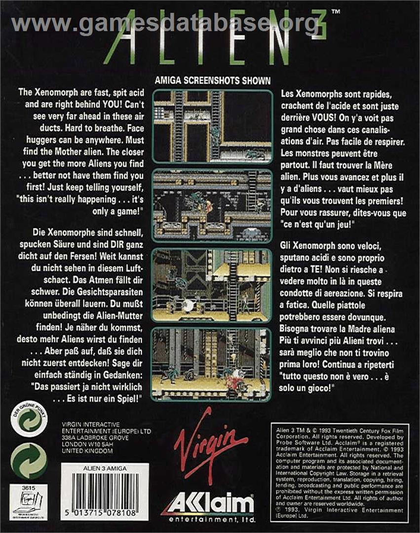 Alien³ - Commodore Amiga - Artwork - Box Back
