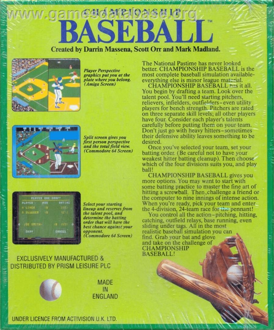 Championship Baseball - Commodore Amiga - Artwork - Box Back