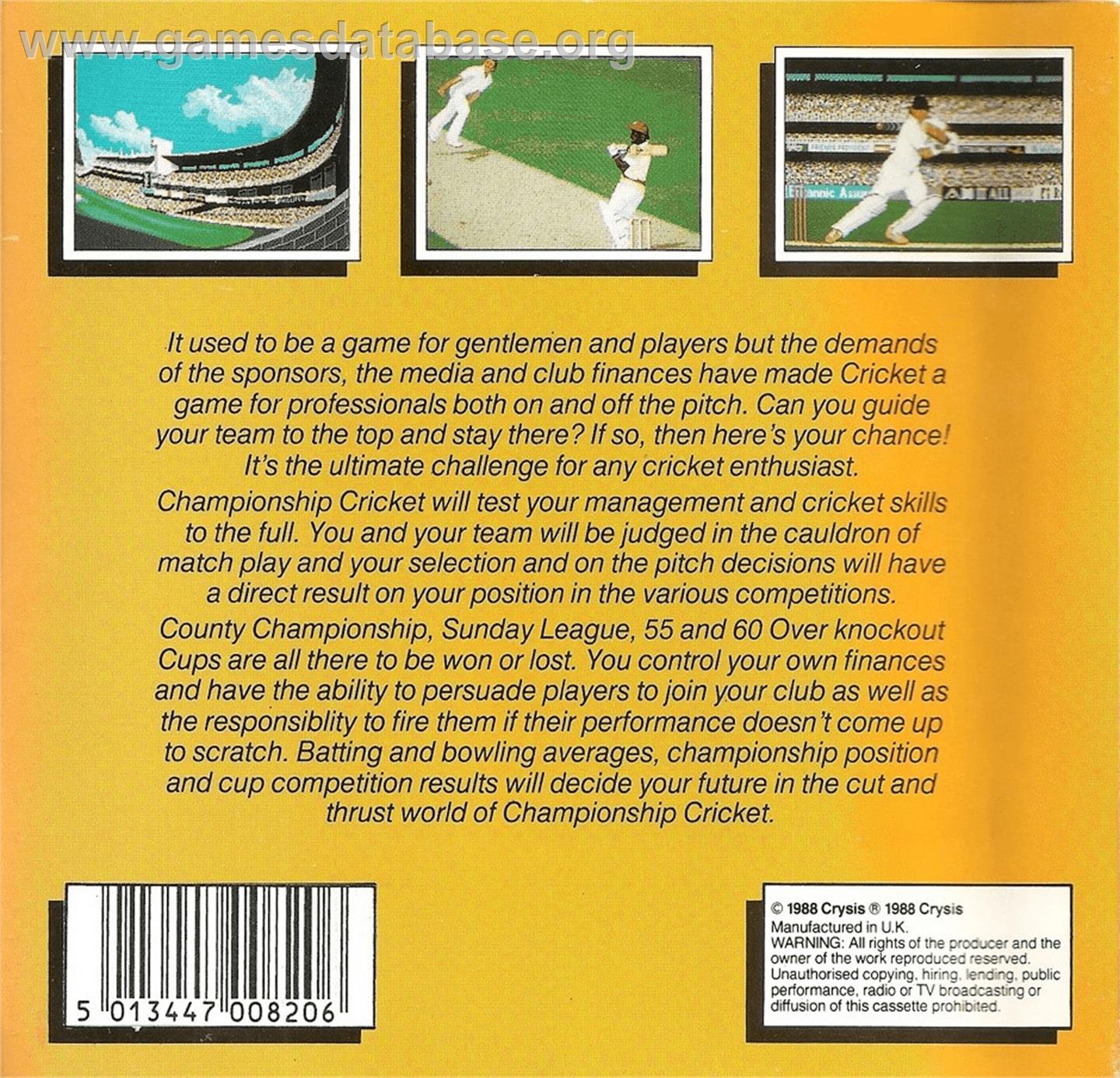 Championship Cricket - Commodore Amiga - Artwork - Box Back