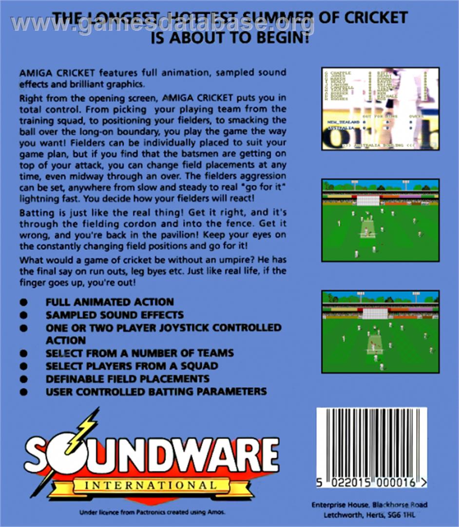 Cricket - Commodore Amiga - Artwork - Box Back