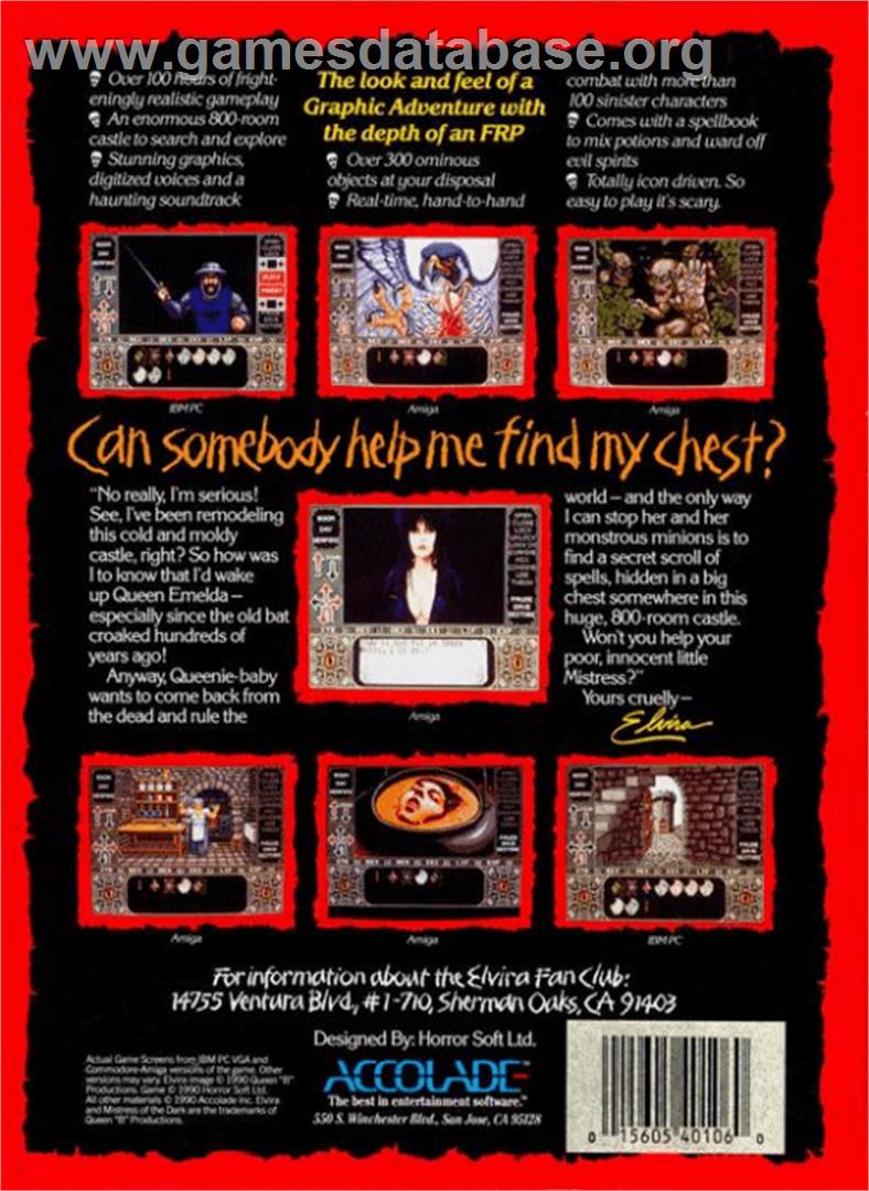 Elvira: Mistress of the Dark - Commodore Amiga - Artwork - Box Back