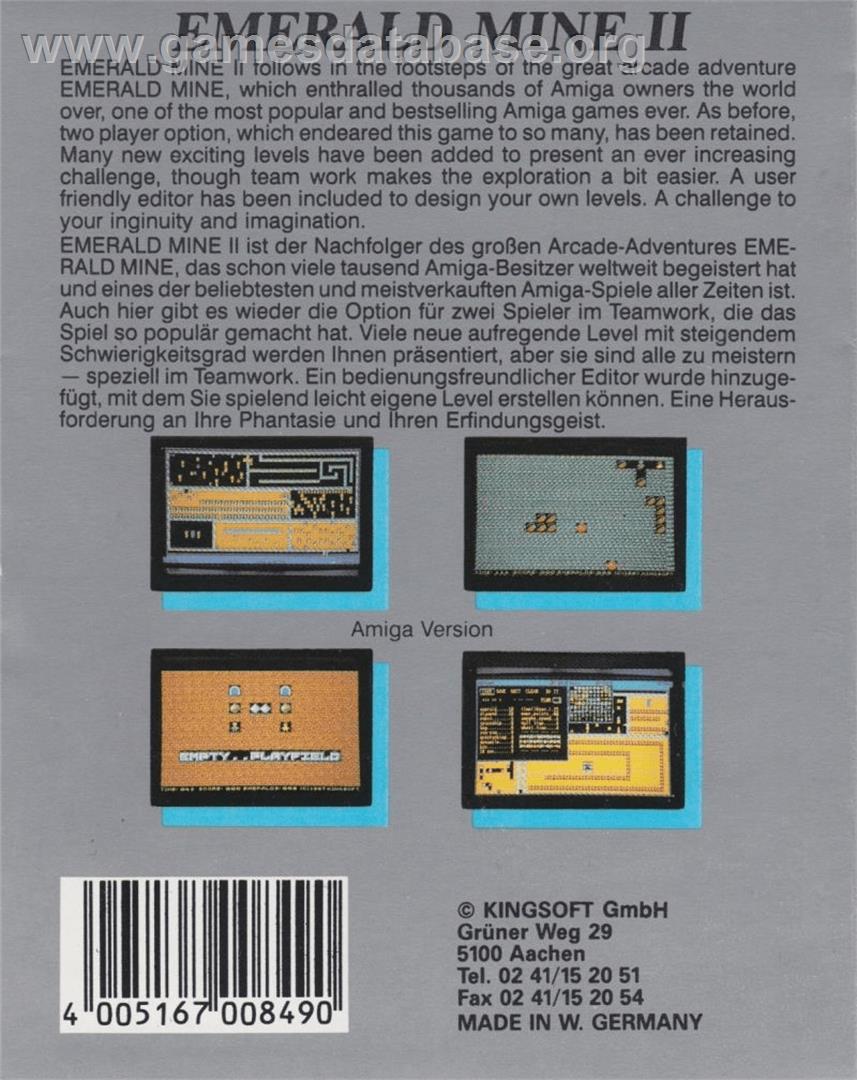 Emerald Mine 2 - Commodore Amiga - Artwork - Box Back
