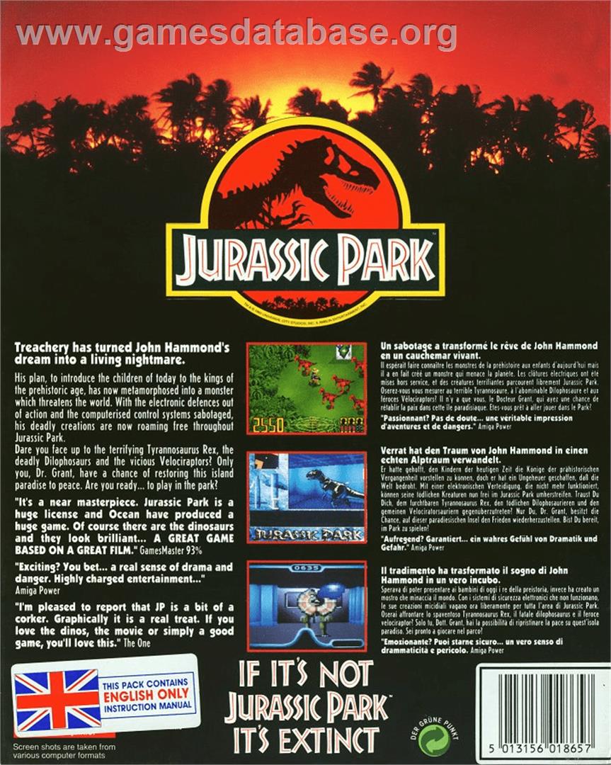 Jurassic Park - Commodore Amiga - Artwork - Box Back