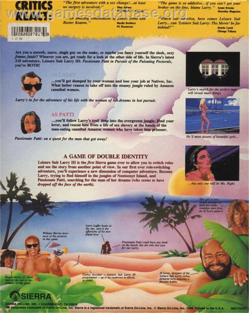 Leisure Suit Larry 3: Passionate Patti in Pursuit of the Pulsating Pectorals - Commodore Amiga - Artwork - Box Back