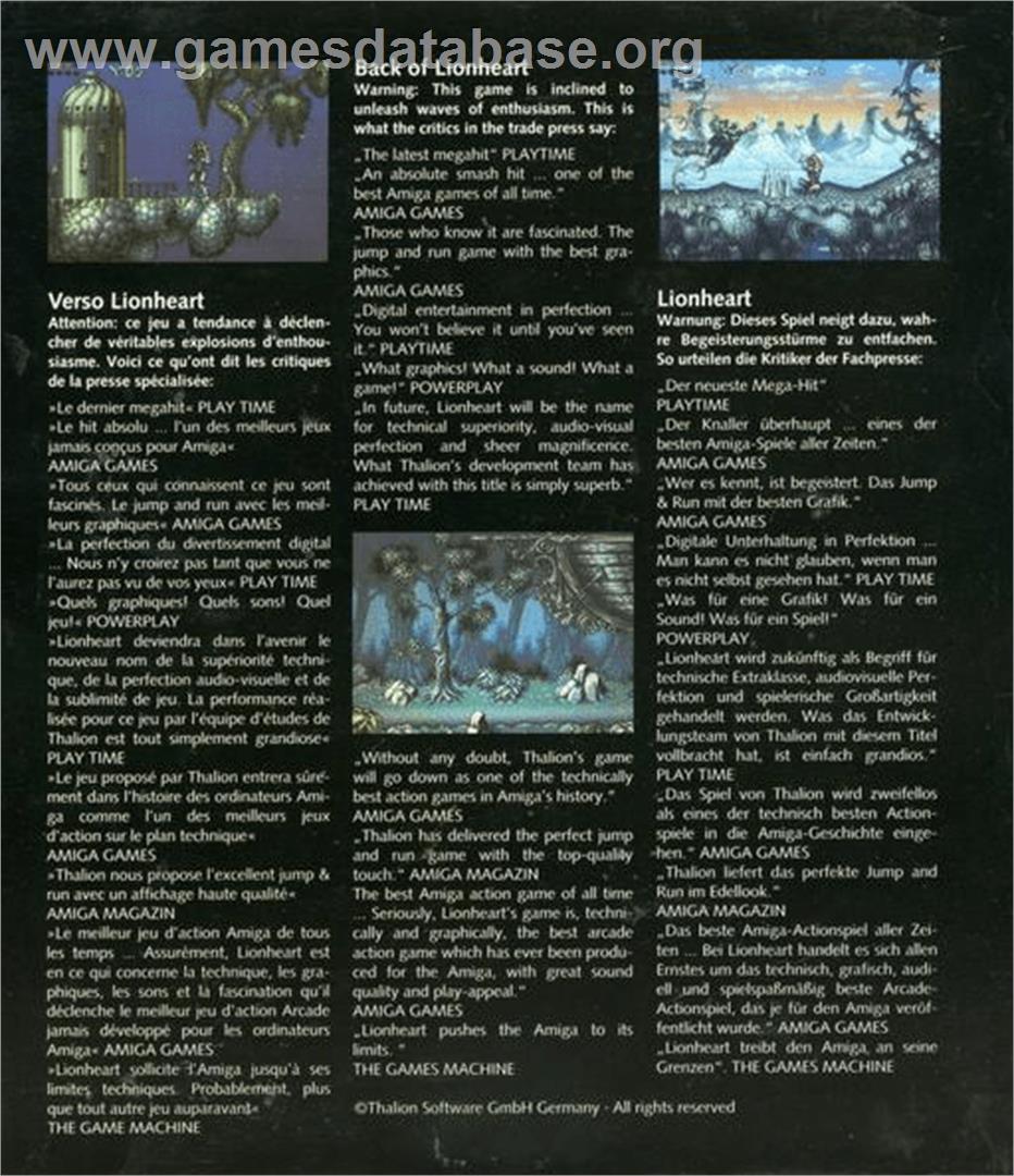 Lionheart - Commodore Amiga - Artwork - Box Back