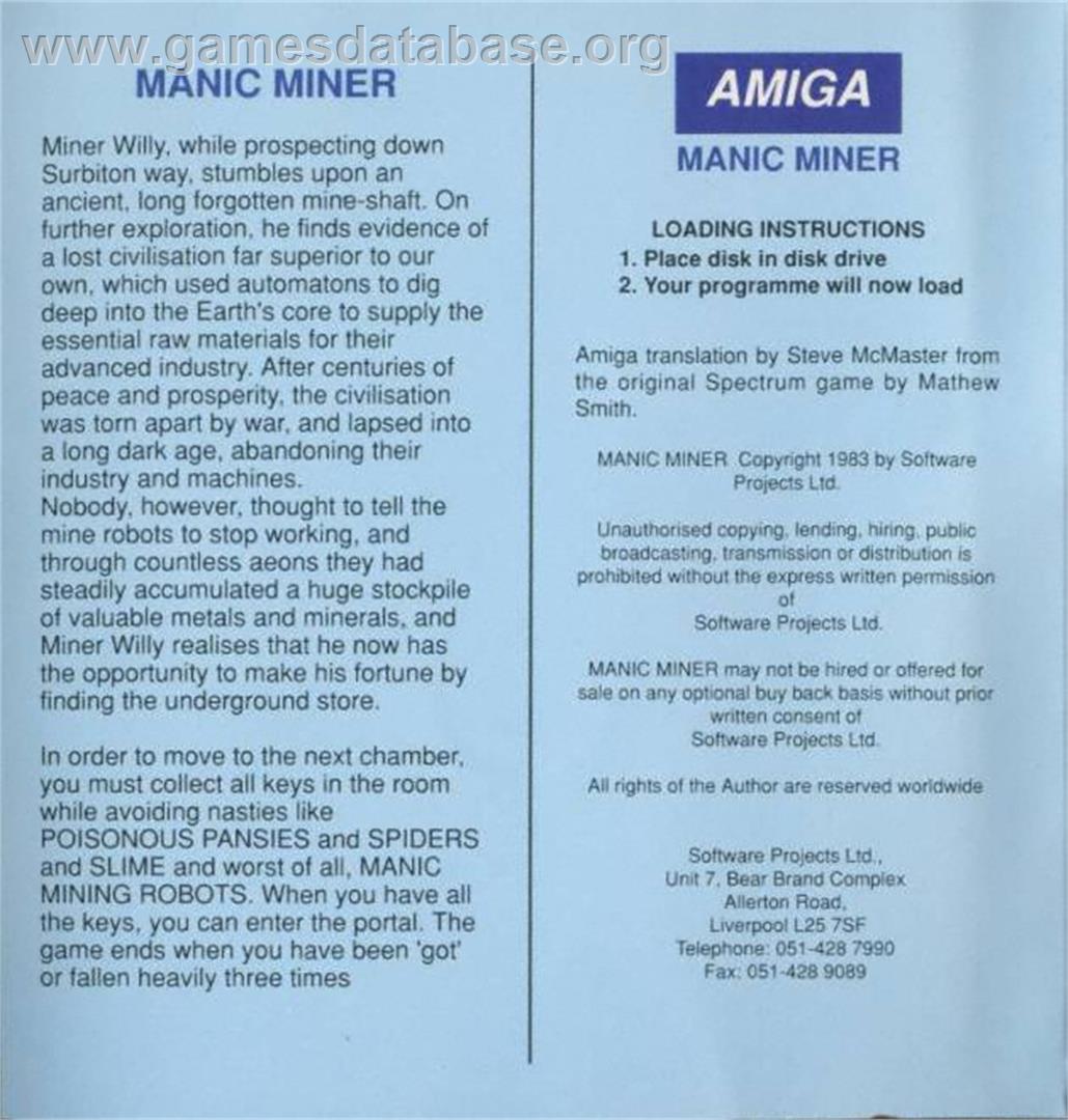 Manic Miner - Commodore Amiga - Artwork - Box Back