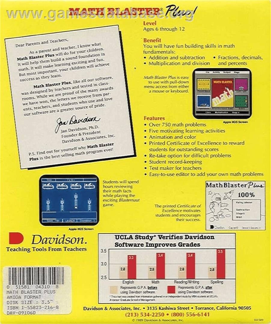 Math Blaster Plus! - Commodore Amiga - Artwork - Box Back