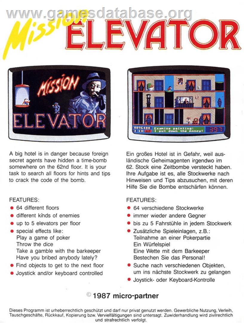 Mission Elevator - Commodore Amiga - Artwork - Box Back