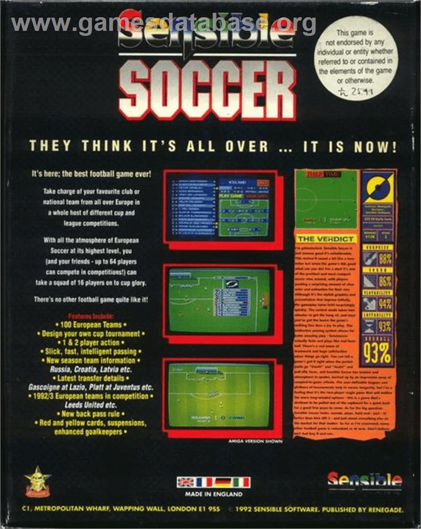 Sensible Soccer: European Champions: 92/93 Edition - Commodore Amiga - Artwork - Box Back