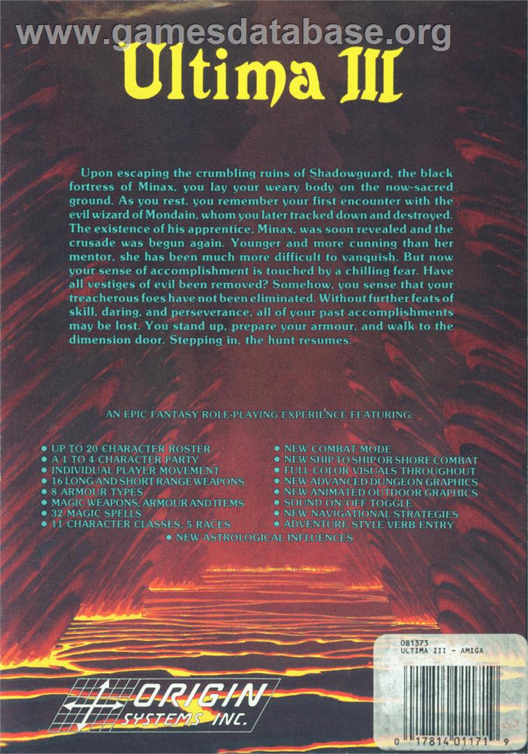 Ultima III: Exodus - Commodore Amiga - Artwork - Box Back