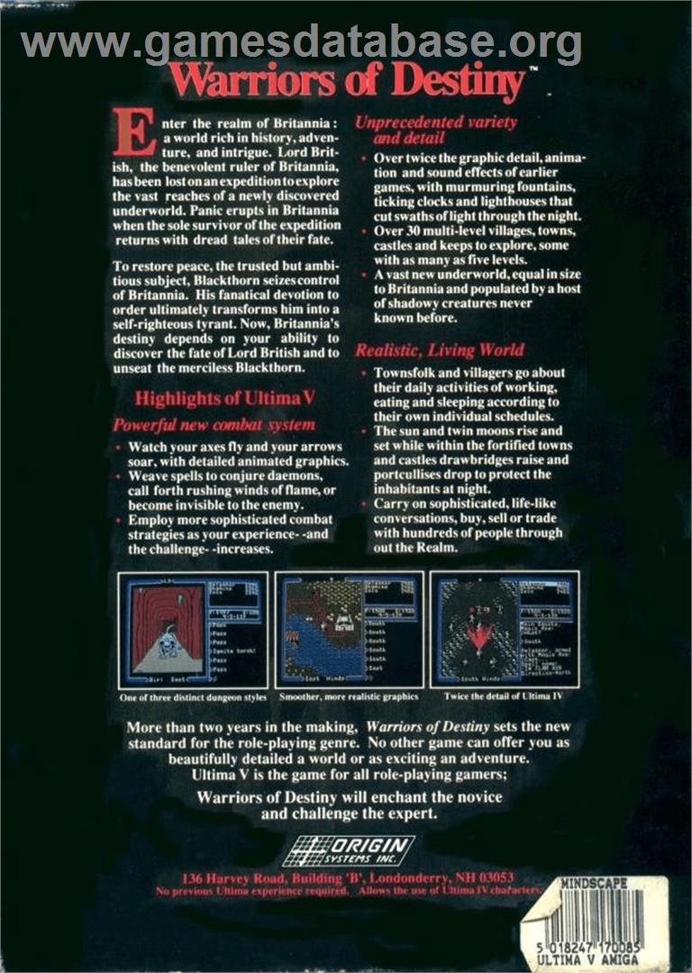 Ultima V: Warriors of Destiny - Commodore Amiga - Artwork - Box Back