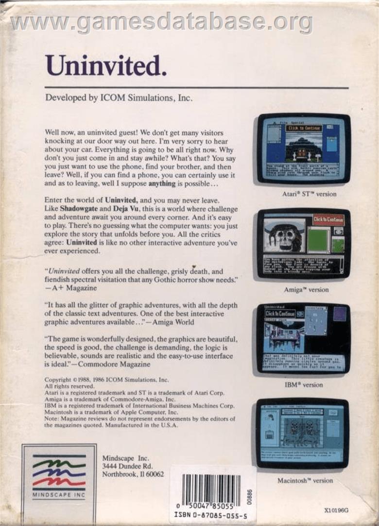 Uninvited - Commodore Amiga - Artwork - Box Back
