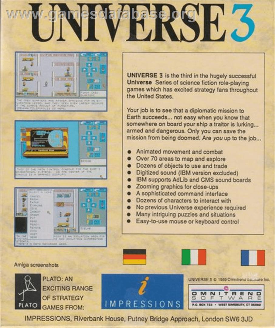 Universe 3 - Commodore Amiga - Artwork - Box Back