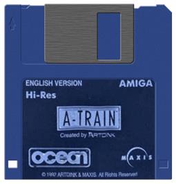 Cartridge artwork for A-Train on the Commodore Amiga.