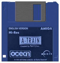 Cartridge artwork for A-Train on the Commodore Amiga.