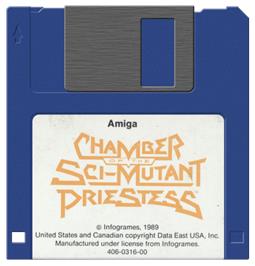 Cartridge artwork for Chamber of the Sci-Mutant Priestess on the Commodore Amiga.