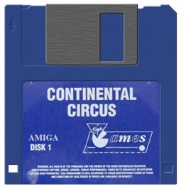 Cartridge artwork for Continental Circus on the Commodore Amiga.