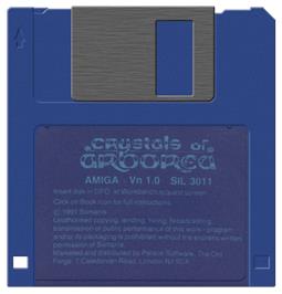 Cartridge artwork for Crystals of Arborea on the Commodore Amiga.