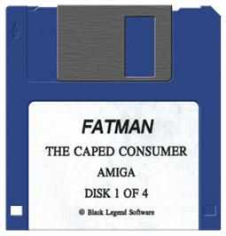 Cartridge artwork for Fatman - The Caped Consumer on the Commodore Amiga.