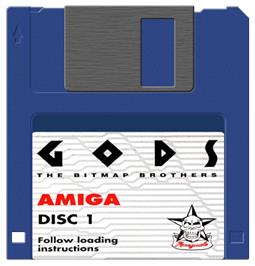 Cartridge artwork for Gods on the Commodore Amiga.