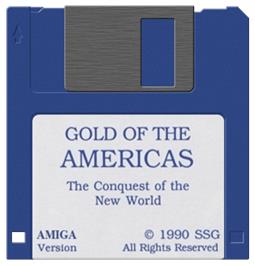 Cartridge artwork for Gold of the Americas: The Conquest of the New World on the Commodore Amiga.
