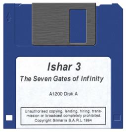 Cartridge artwork for Ishar 3: The Seven Gates of Infinity on the Commodore Amiga.