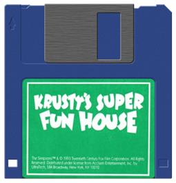 Cartridge artwork for Krusty's Fun House on the Commodore Amiga.