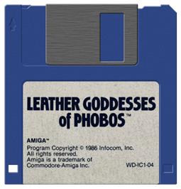 Cartridge artwork for Leather Goddesses of Phobos on the Commodore Amiga.